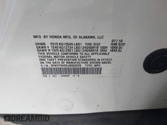 2018 Honda Pilot EX-L with VIN 5FNYF5H5XJB033220, listed as a IAAI auction lot 43205648 with 117,623 mi miles and . Bid and sale history available at DreamBid. Image 9.