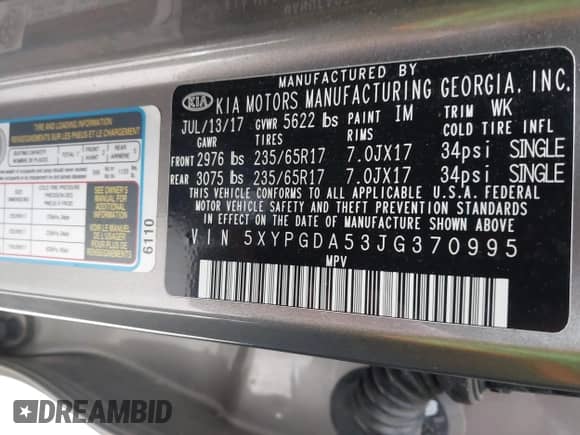 2018 Kia Sorento LX with VIN 5XYPGDA53JG370995, listed as a IAAI auction lot 42252504 with 101,481 mi miles and . Bid and sale history available at DreamBid. Image 9.