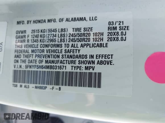 2021 Honda Pilot Touring 7-Passenger with VIN 5FNYF5H64MB031671, listed as a IAAI auction lot 41332415 with 90,411 mi miles and . Bid and sale history available at DreamBid. Image 9.