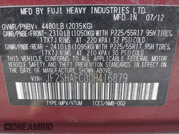 2013 Subaru Forester X Limited with VIN JF2SHAEC8DH416879, listed as a IAAI auction lot 41172171 with 111,123 mi miles and . Bid and sale history available at DreamBid. Image 9.