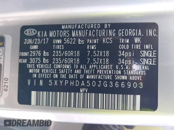 2018 Kia Sorento EX with VIN 5XYPHDA50JG366903, listed as a IAAI auction lot 43440787 with 66,418 mi miles and . Bid and sale history available at DreamBid. Image 9.