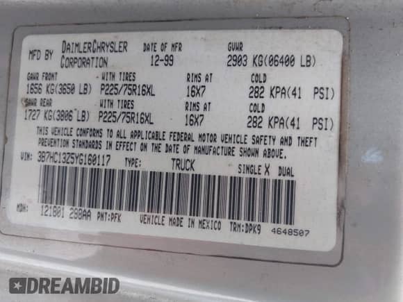 2000 Dodge 1500 with VIN 3B7HC13Z5YG160117, listed as a IAAI auction lot 42502247 with 268,184 mi miles and . Bid and sale history available at DreamBid. Image 9.
