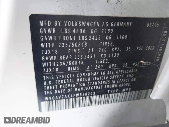 2015 Volkswagen Tiguan S with VIN WVGAV7AX4FW598203, listed as a IAAI auction lot 41902411 with 86,363 mi miles and . Bid and sale history available at DreamBid. Image 9.