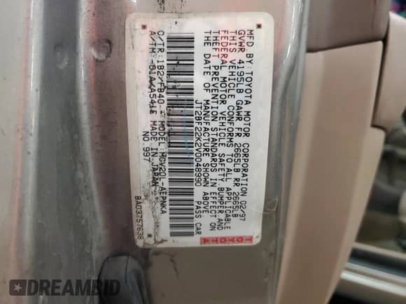 1997 Toyota Camry LE z VIN JT2BF22K2V0048990, wystawiony jako Copart lot #58781925 z przebiegiem 146 216 mil mil oraz Szkoda całkowita • Salvage title. Historia ofert i sprzedaży dostępna na DreamBid. Obrazek 12.