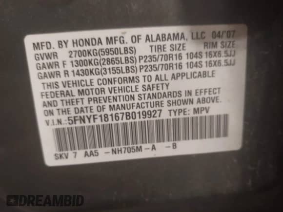 2007 Honda Pilot LX с VIN 5FNYF18167B019927, выставлен на аукционе IAAI как лот 42823313 с пробегом 214 576 миль миль и . История ставок и продаж доступна на DreamBid. Изображение 9.