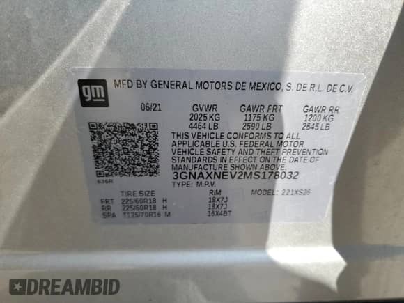 2021 Chevrolet Equinox Premier с VIN 3GNAXNEV2MS178032, выставлен на аукционе Copart как лот 64617605 с пробегом 54 323 миль миль и Списание • Salvage title. История ставок и продаж доступна на DreamBid. Изображение 12.