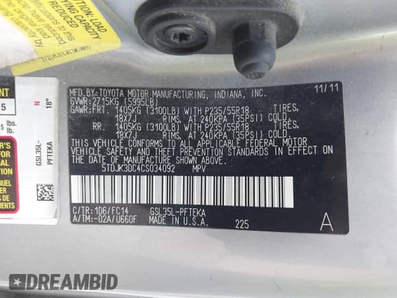 2012 Toyota Sienna LE with VIN 5TDJK3DC4CS034092, listed as a IAAI auction lot 42947892 with 216,250 mi miles and . Bid and sale history available at DreamBid. Image 9.