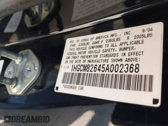 2005 Honda Accord EX-L с VIN 1HGCM82645A002368, выставлен на аукционе IAAI как лот 43335479 с пробегом 255 634 миль миль и . История ставок и продаж доступна на DreamBid. Изображение 9.