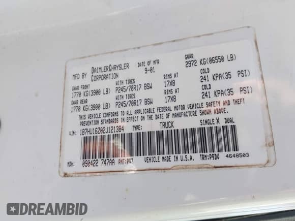 2002 Dodge RAM with VIN 1B7HU16Z02J121384, listed as a IAAI auction lot 41703702 with 167,549 mi miles and . Bid and sale history available at DreamBid. Image 9.