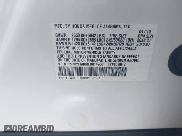 2020 Honda Pilot Elite с VIN 5FNYF6H08LB014288, выставлен на аукционе IAAI как лот 40496871 с пробегом 57 921 миль миль и . История ставок и продаж доступна на DreamBid. Изображение 9.