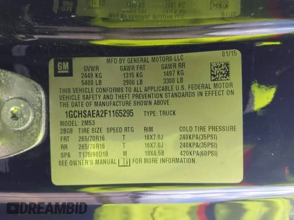 2015 Chevrolet Colorado 2WD WT with VIN 1GCHSAEA2F1165295, listed as a IAAI auction lot 42164676 with 134,221 mi miles and . Bid and sale history available at DreamBid. Image 9.
