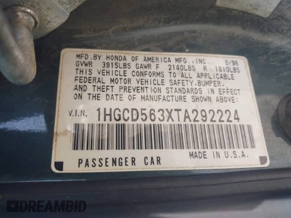 1996 Honda Accord LX with VIN 1HGCD563XTA292224, listed as a IAAI auction lot 43216693 with 214,313 mi miles and . Bid and sale history available at DreamBid. Image 9.