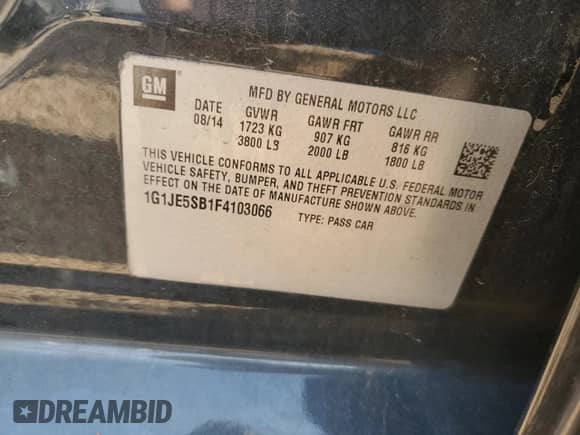 2015 Chevrolet Sonic LTZ with VIN 1G1JE5SB1F4103066, listed as a Copart auction lot 68816515 with 58,819 mi miles and Salvage title. Bid and sale history available at DreamBid. Image 12.