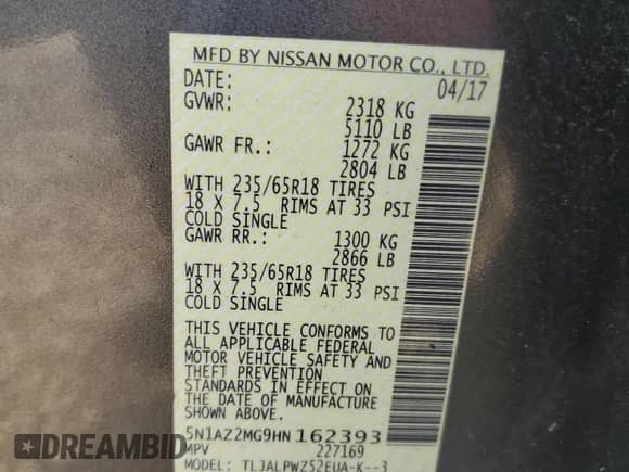 2017 Nissan Murano S z VIN 5N1AZ2MG9HN162393, wystawiony jako Copart lot #84605345 z przebiegiem 100 360 mil mil oraz Szkoda całkowita • Salvage title. Historia ofert i sprzedaży dostępna na DreamBid. Obrazek 13.