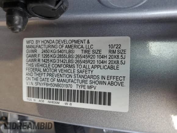 2022 Honda Passport EX-L с VIN 5FNYF8H50NB031970, выставлен на аукционе Copart как лот 80192355 с пробегом 54 898 миль миль и Списание • Salvage title. История ставок и продаж доступна на DreamBid. Изображение 14.