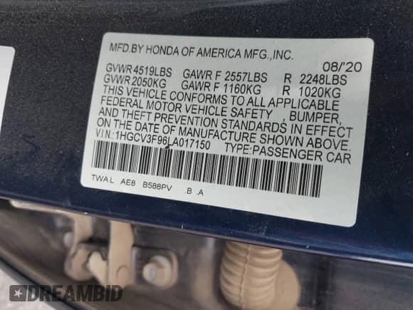 2020 Honda Accord Touring with VIN 1HGCV3F96LA017150, listed as a IAAI auction lot 43105011 with 114,871 mi miles and . Bid and sale history available at DreamBid. Image 9.