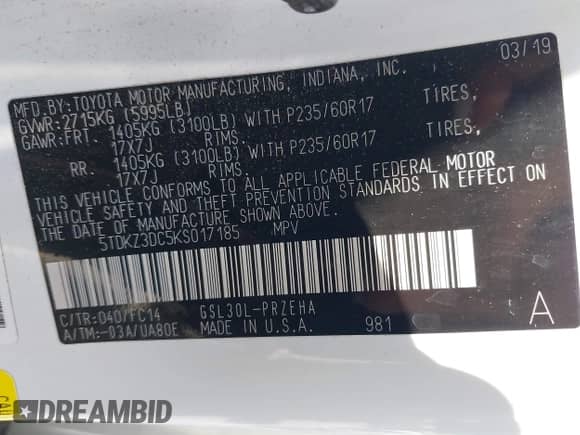 2019 Toyota Sienna LE Auto Access Seat с VIN 5TDKZ3DC5KS017185, выставлен на аукционе IAAI как лот 42814918 с пробегом 130 691 миль миль и . История ставок и продаж доступна на DreamBid. Изображение 9.