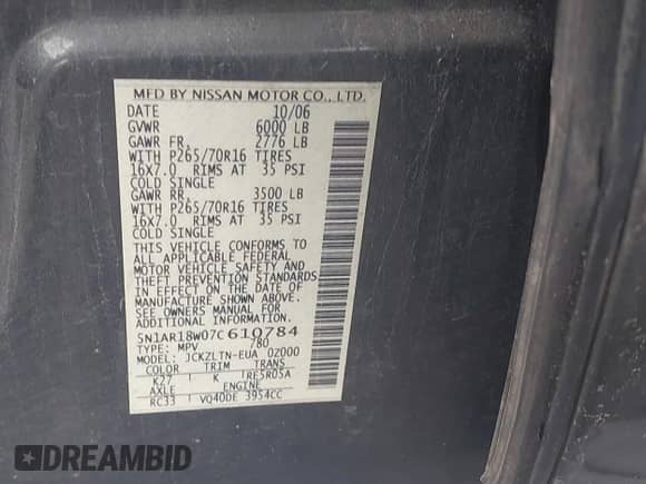 2007 Nissan Pathfinder S z VIN 5N1AR18W07C610784, wystawiony jako IAAI lot #41517478 z przebiegiem 194 563 mil mil oraz . Historia ofert i sprzedaży dostępna na DreamBid. Obrazek 9.