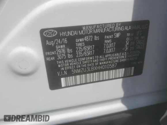 2017 Hyundai Santa Fe 2.4L с VIN 5NMZU3LBXHH010587, выставлен на аукционе Copart как лот 68764975 с пробегом 126 291 миль миль и Списание • Salvage title. История ставок и продаж доступна на DreamBid. Изображение 13.