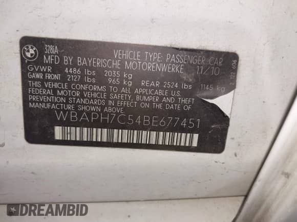 2011 BMW 3 Series 328i with VIN WBAPH7C54BE677451, listed as a IAAI auction lot 43201210 with 206,764 mi miles and . Bid and sale history available at DreamBid. Image 9.