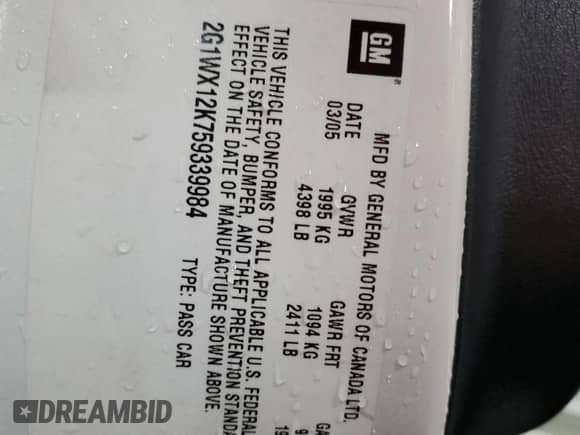 2005 Chevrolet Monte Carlo LT с VIN 2G1WX12K759339984, выставлен на аукционе Copart как лот 83842735 с пробегом 168 881 миль миль и Списание • Salvage title. История ставок и продаж доступна на DreamBid. Изображение 12.