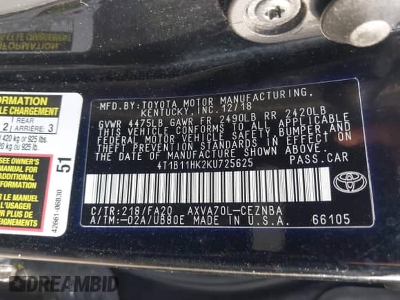 2019 Toyota Camry LE с VIN 4T1B11HK2KU725625, выставлен на аукционе IAAI как лот 42808861 с пробегом 104 809 миль миль и . История ставок и продаж доступна на DreamBid. Изображение 9.