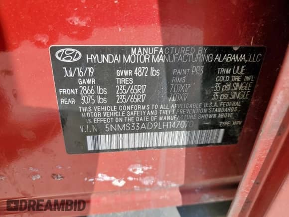 2020 Hyundai Santa Fe SEL с VIN 5NMS33AD9LH147070, выставлен на аукционе Copart как лот 81425125 с пробегом 92 873 миль миль и Списание • Salvage title. История ставок и продаж доступна на DreamBid. Изображение 13.
