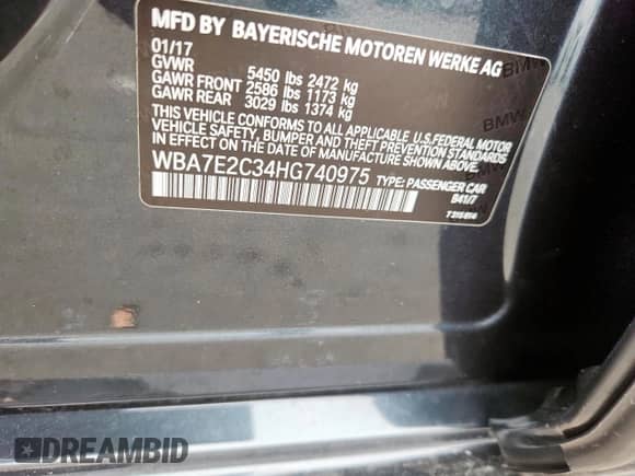 2017 BMW 7 Series 740i с VIN WBA7E2C34HG740975, выставлен на аукционе Copart как лот 71019405 с пробегом 90 805 миль миль и Списание • Salvage title. История ставок и продаж доступна на DreamBid. Изображение 12.