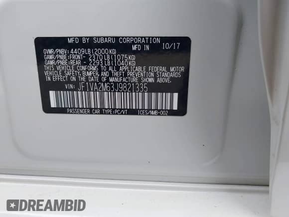 2018 Subaru WRX STI with VIN JF1VA2M63J9821335, listed as a IAAI auction lot 43018455 with 54,978 mi miles and . Bid and sale history available at DreamBid. Image 9.