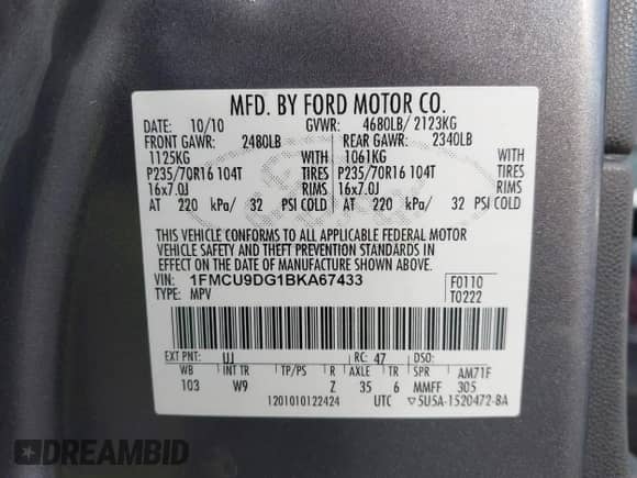 2011 Ford Escape XLT с VIN 1FMCU9DG1BKA67433, выставлен на аукционе IAAI как лот 43118413 с пробегом 117 135 миль миль и . История ставок и продаж доступна на DreamBid. Изображение 9.