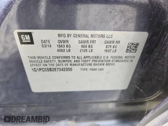 2014 Chevrolet Cruze 1LT z VIN 1G1PC5SB2E7342056, wystawiony jako Copart lot #81082455 z przebiegiem 137 244 mil mil oraz Szkoda całkowita • Salvage title. Historia ofert i sprzedaży dostępna na DreamBid. Obrazek 12.