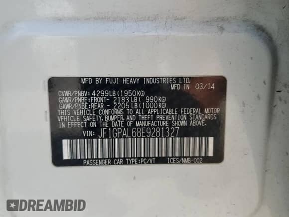 2014 Subaru Impreza Special Sports Premium with VIN JF1GPAL68E9281327, listed as a Copart auction lot 52593135 with 62,815 mi miles and Salvage title. Bid and sale history available at DreamBid. Image 12.