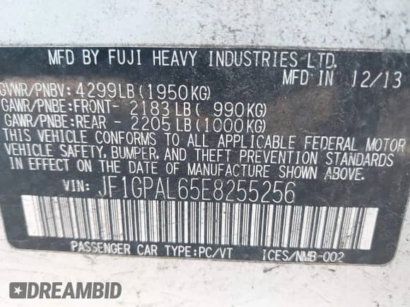 2014 Subaru Impreza Special Sports Premium with VIN JF1GPAL65E8255256, listed as a IAAI auction lot 42663463 with 126,096 mi miles and . Bid and sale history available at DreamBid. Image 9.