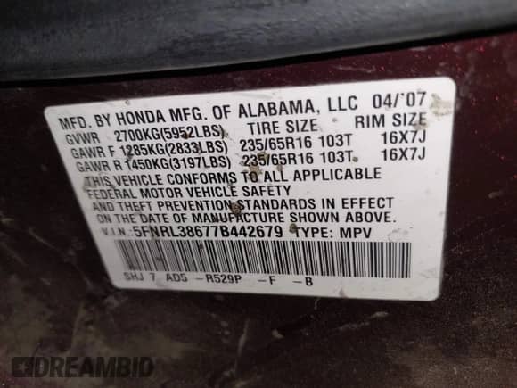 2007 Honda Odyssey EX-L с VIN 5FNRL38677B442679, выставлен на аукционе IAAI как лот 42879073 с пробегом 283 631 миль миль и . История ставок и продаж доступна на DreamBid. Изображение 9.