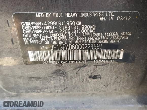 2012 Subaru Impreza Premium с VIN JF1GPAD60CG223591, выставлен на аукционе Copart как лот 88493515 с пробегом 169 457 миль миль и Списание • Salvage title. История ставок и продаж доступна на DreamBid. Изображение 13.