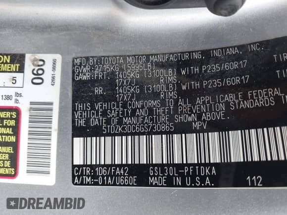 2016 Toyota Sienna L with VIN 5TDZK3DC6GS730865, listed as a IAAI auction lot 42969868 with 189,925 mi miles and . Bid and sale history available at DreamBid. Image 9.