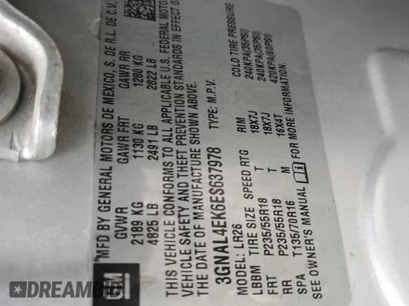 2014 Chevrolet Captiva Sport LTZ z VIN 3GNAL4EK6ES637978, wystawiony jako Copart lot #80262024 z przebiegiem 162 634 mil mil oraz Czysty tytuł • Clean title. Historia ofert i sprzedaży dostępna na DreamBid. Obrazek 13.