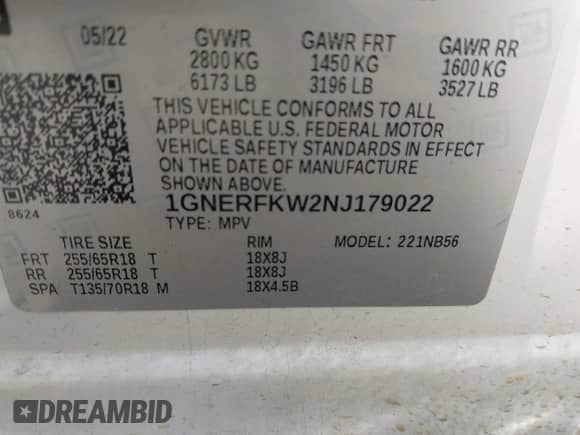 2022 Chevrolet Traverse LS with VIN 1GNERFKW2NJ179022, listed as a IAAI auction lot 42115117 with 60,720 mi miles and . Bid and sale history available at DreamBid. Image 9.