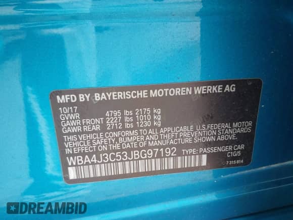 2018 BMW 4 Series 430i xDrive with VIN WBA4J3C53JBG97192, listed as a IAAI auction lot 42945959 with 99,858 mi miles and . Bid and sale history available at DreamBid. Image 9.