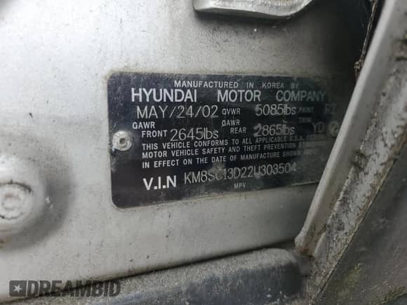 2002 Hyundai Santa Fe GLS с VIN KM8SC13D22U303504, выставлен на аукционе Copart как лот 85939914 с пробегом 356 088 миль миль и Списание • Salvage title. История ставок и продаж доступна на DreamBid. Изображение 15.