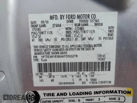 2010 Ford F-150 XL с VIN 1FTEW1E86AFD52278, выставлен на аукционе Copart как лот 70998385 с пробегом 195 416 миль миль и Списание • Salvage title. История ставок и продаж доступна на DreamBid. Изображение 12.