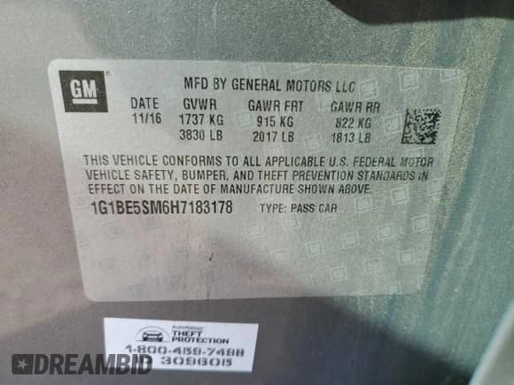 2017 Chevrolet Cruze LT с VIN 1G1BE5SM6H7183178, выставлен на аукционе Copart как лот 69460015 с пробегом 129 392 миль миль и Списание • Salvage title. История ставок и продаж доступна на DreamBid. Изображение 12.