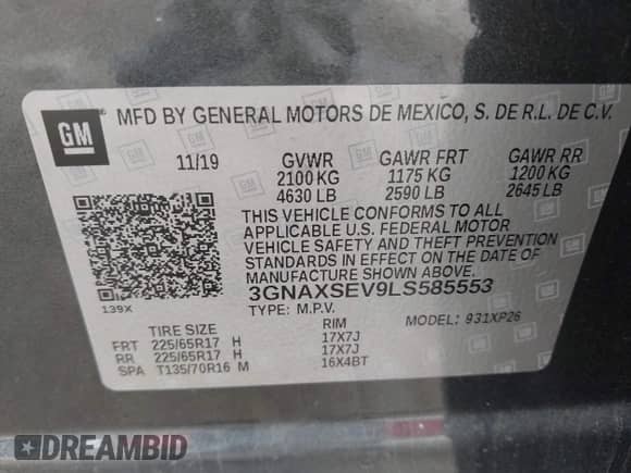 2020 Chevrolet Equinox LS с VIN 3GNAXSEV9LS585553, выставлен на аукционе IAAI как лот 43103460 с пробегом 99 459 миль миль и . История ставок и продаж доступна на DreamBid. Изображение 9.
