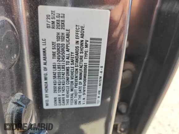 2021 Honda Pilot Elite with VIN 5FNYF6H06MB009561, listed as a Copart auction lot 70819355 with 89,033 mi miles and Clean title. Bid and sale history available at DreamBid. Image 13.