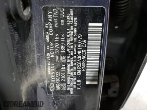 2022 Hyundai Venue SEL with VIN KMHRC8A38NU180779, listed as a Copart auction lot 49688964 with Not provided miles and Salvage title. Bid and sale history available at DreamBid. Image 12.