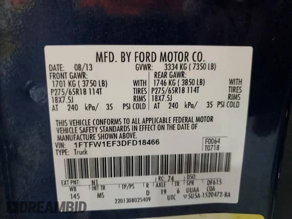 2013 Ford F-150 Platinum с VIN 1FTFW1EF3DFD18466, выставлен на аукционе Copart как лот 60837685 с пробегом 139 755 миль миль и Списание • Salvage title. История ставок и продаж доступна на DreamBid. Изображение 12.