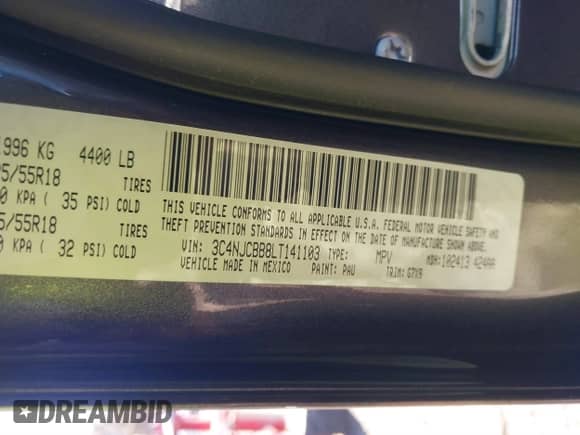 2020 Jeep Compass Latitude with VIN 3C4NJCBB8LT141103, listed as a IAAI auction lot 41263757 with 128,272 mi miles and . Bid and sale history available at DreamBid. Image 9.