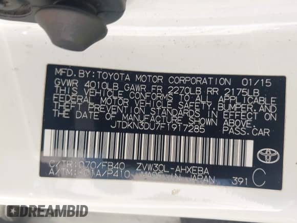 2015 Toyota Prius Four z VIN JTDKN3DU7F1917285, wystawiony jako IAAI lot #42536395 z przebiegiem 265 498 mil mil oraz . Historia ofert i sprzedaży dostępna na DreamBid. Obrazek 9.