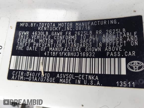 2017 Toyota Camry XSE с VIN 4T1BF1FK8HU316932, выставлен на аукционе IAAI как лот 43303740 с пробегом 92 671 миль миль и . История ставок и продаж доступна на DreamBid. Изображение 9.