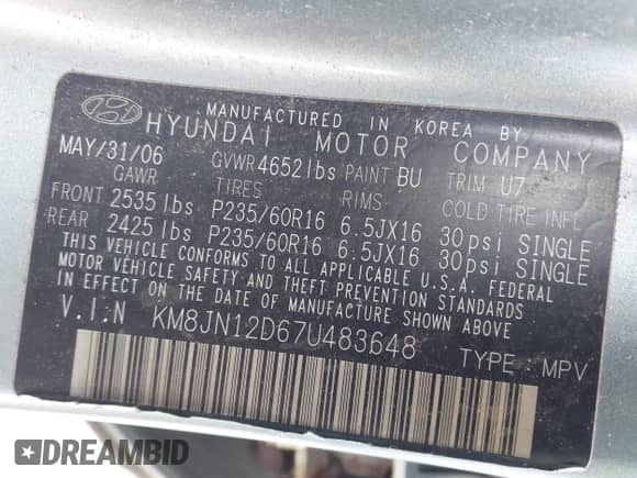 2007 Hyundai Tucson SE z VIN KM8JN12D67U483648, wystawiony jako IAAI lot #43059590 z przebiegiem 231 854 mil mil oraz . Historia ofert i sprzedaży dostępna na DreamBid. Obrazek 9.